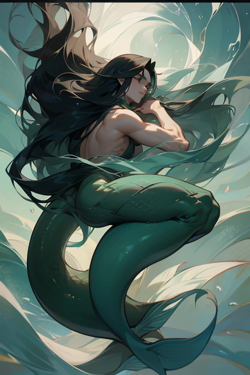 merman, with tail, long tail, flowing black hair, beautiful boy, full body, perfect, well detailed, well defined, ultra realistic, cinematic, neutral background, 8k.