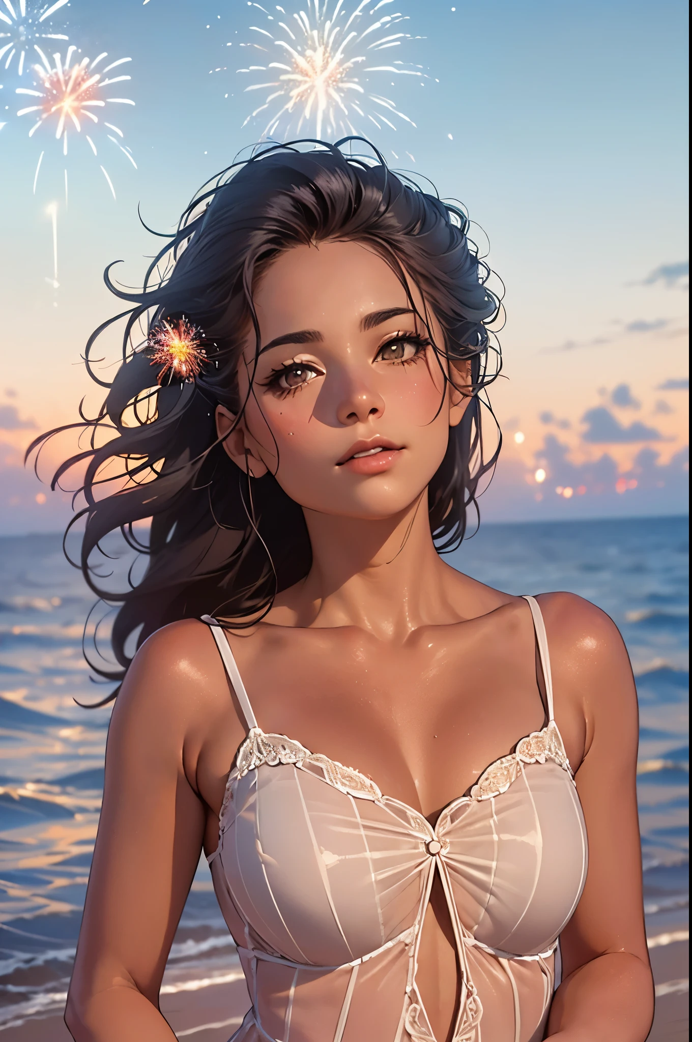 arafed woman with curly hair standing on a beach near the ocean,(Fireworks in the vast night sky:1.7),(top-quality,8K,32K,​masterpiece,nffsw:1.3),(Photorealsitic:1.4),Raw photography,Wide Angle,hair adornments,Elegant Pose,skyrocket,Fireworks glare,depth of fields,lensflare,