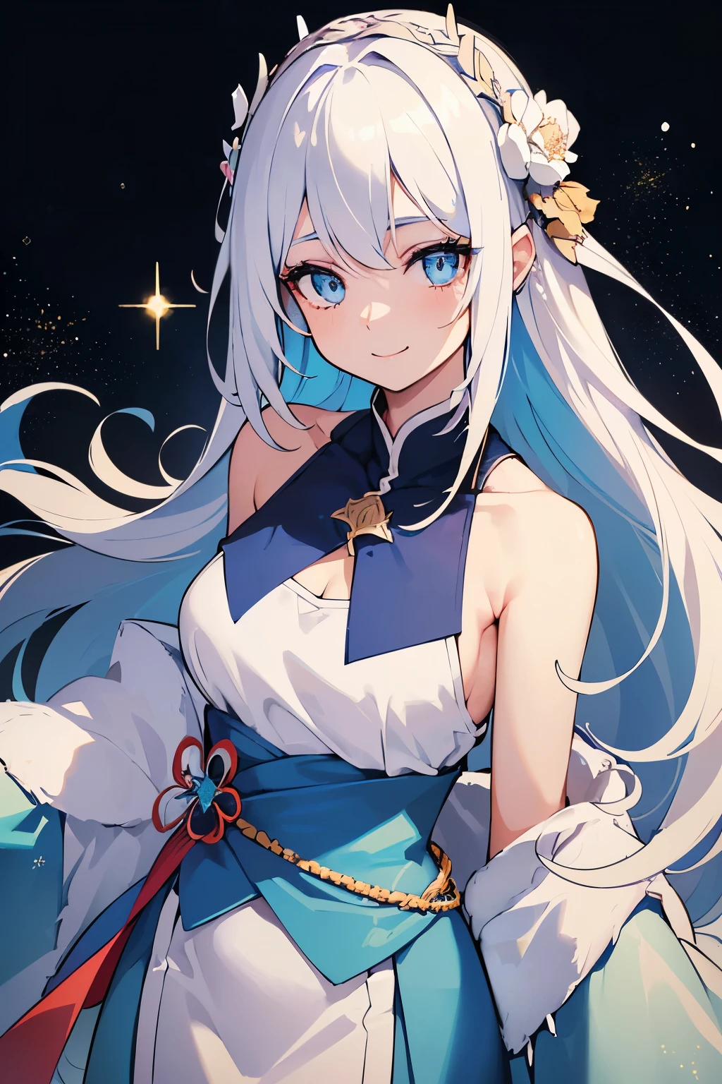 Anime girl with long white hair and blue eyes in a blue dress - SeaArt AI