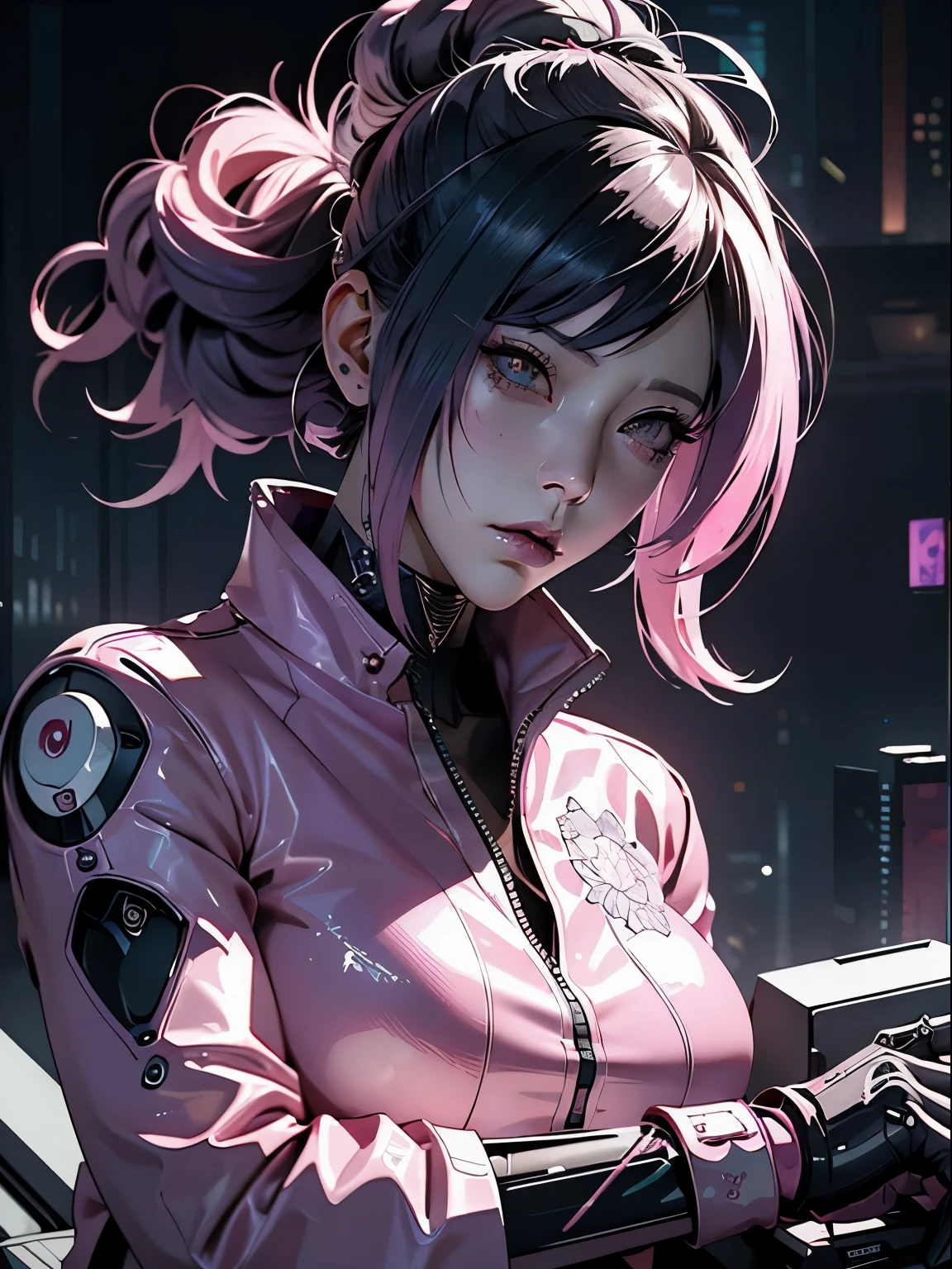 um close-up de uma pessoa com um terno rosa e uma arma, estilizado como um fantasma na concha, fantasma na concha robô gueixa, fantasma no estilo de arte de concha, arte de anime cyberpunk, anime arte ciberpunk, ciborgue ciberpunk. rosas, arte ciberpunk, anime cyberpunk moderno, arte ciberpunk style, ciborgue japonês, Fantasma no estilo Shell, gueixa ciberpunk