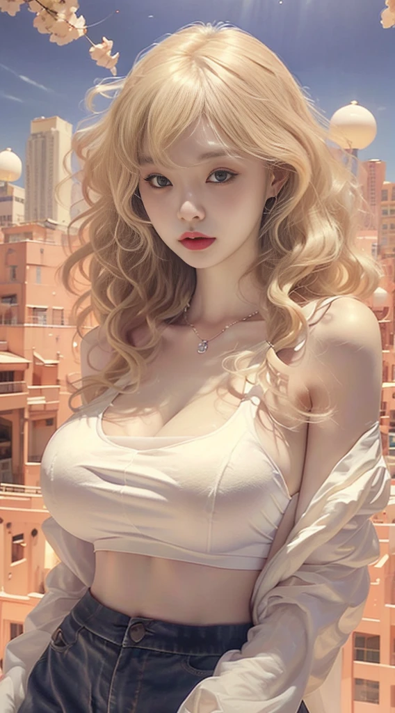 Female((20year old)), hair((blonde, long)), eyelue, big eyes)), sunset, Han river, Seoul tower, smiling, lipgloss, diamond necklace, earrings, gigantic breast, big boobs, oppai, ((velvet, 🔵, crop-top, Hotpants))