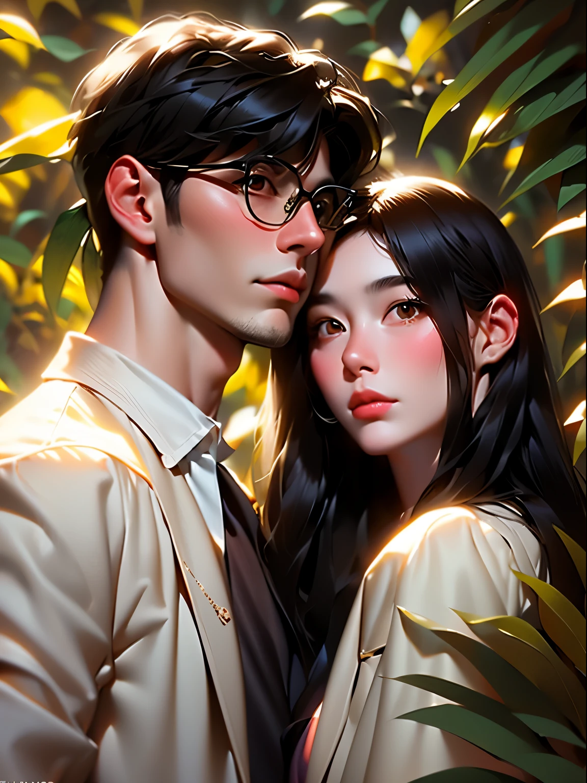 there is a man and woman standing next to each other in a forest, portrait shot, jinyoung shin, with glasses, korean artist, high quality portrait, wavy long black hair and glasses, inspired by jeonseok lee, artwork in the style of guweiz, by jeonseok lee, soft portrait shot 8 k, jingna zhang, with black eyeglasses