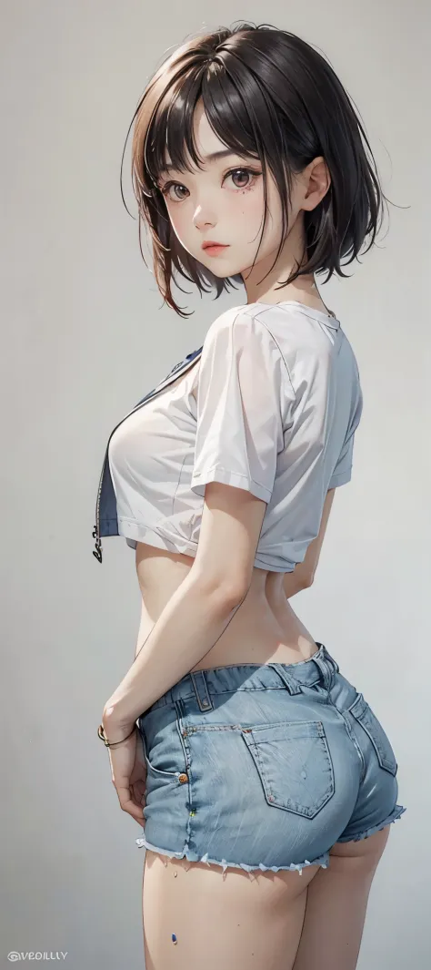 Adorable Girl . Very Kawaii , Round Face . Solo , Slim , Medium Breasts , Short Stature . Glossy Skin . Plain White T-shirt . Booty Shorts . Dynamic Pose . Dynamic Angle . No Background , White Background , looking at viewer