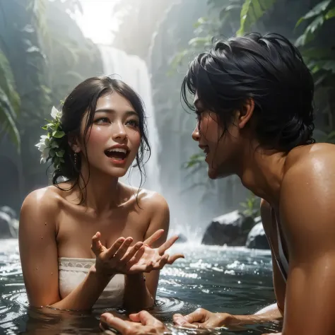 there a beautifull lady (left) with large breast and handsome muscular man from side (right) in the water with a waterfall behin...