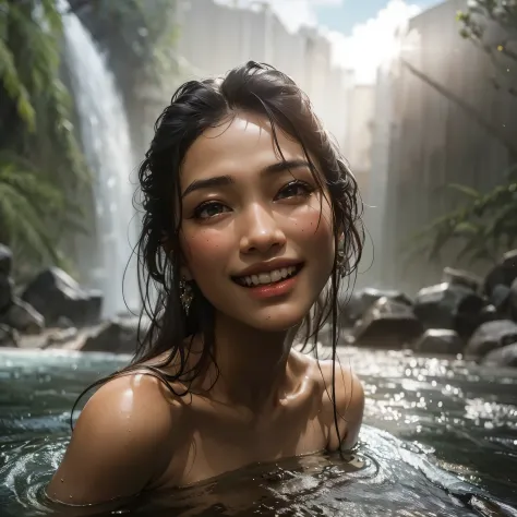 there a beautifull lady with large breast in the water with a waterfall behind them, bathing in a waterfall, stream of love and ...