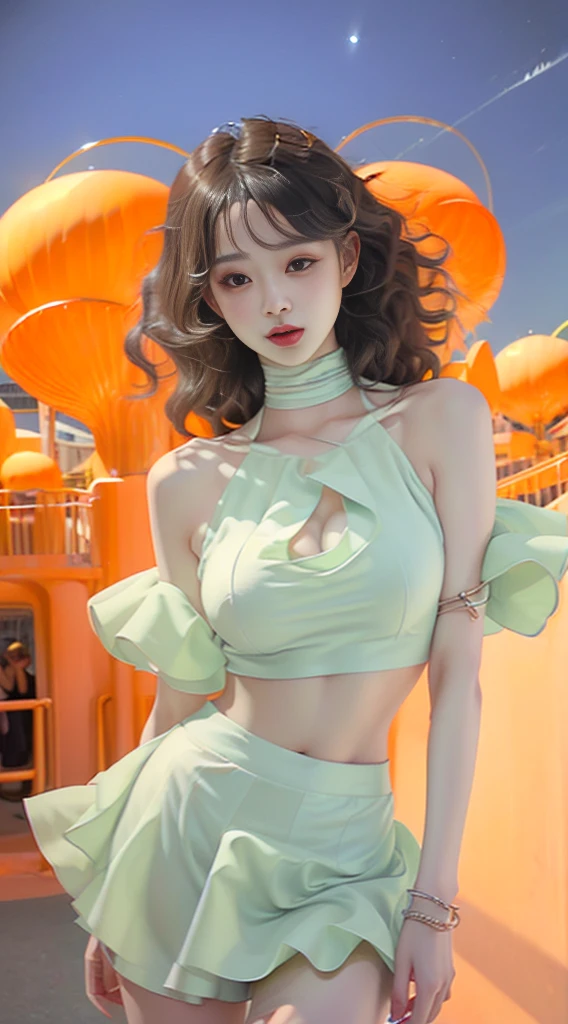 Female((20year old)), hair((black, long, wavy)), eyelack, sharp eyes)), lipgloss, clothes((crop-top, mini skirt, light blue)), amusement park, gigantic breast, big boobs, oppai, smile, accessories ((chocker, bracelet)), cleavage, night sky,