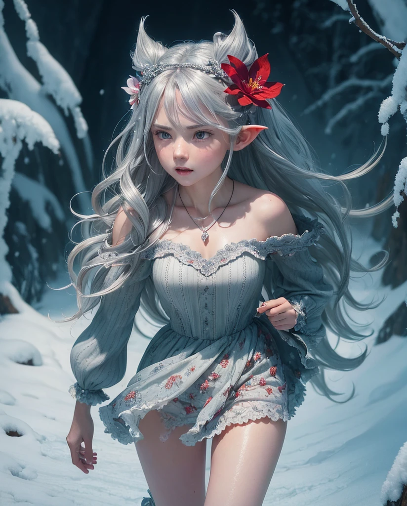 {{masterpiece}},best quality,highly detailed,extremely detailed CG unity 8k wallpaper,illustraction, 1girl, red eyes, wavy silver hair, pointy ears, vampire, dress, necklace, hair flower, snow, ice, full body, shot,high close up, highly detailed,center frame,sharp focus, looking at viewer, floting hair,