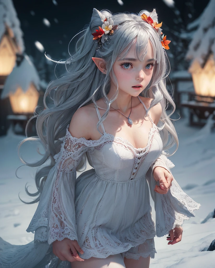 {{masterpiece}},best quality,highly detailed,extremely detailed CG unity 8k wallpaper,illustraction, 1girl, red eyes, wavy silver hair, pointy ears, vampire, dress, necklace, hair flower, snow, ice, full body, shot,high close up, highly detailed,center frame,sharp focus, looking at viewer, floting hair,