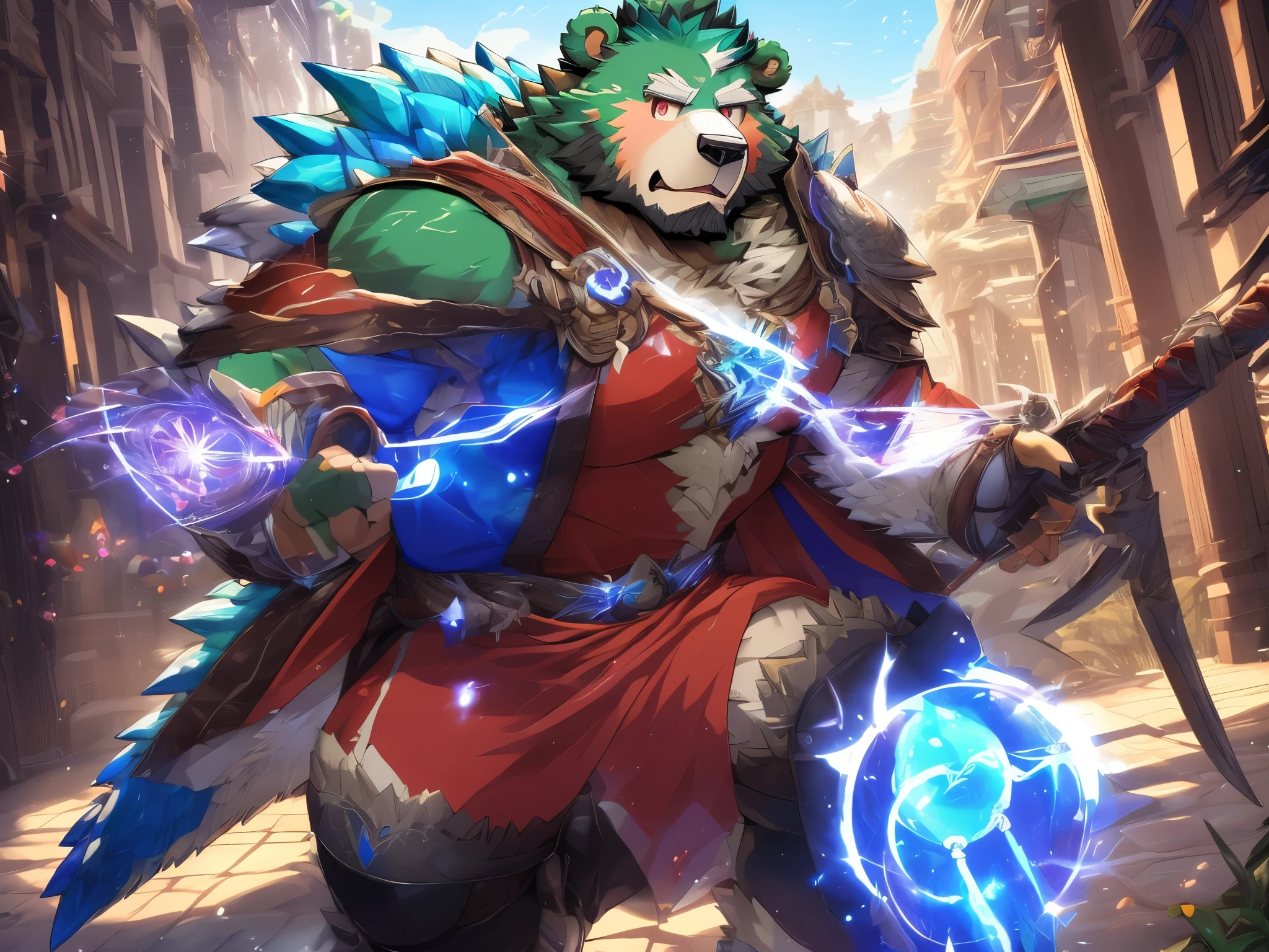 anthro ((bear)), furry, bear, green fur, green hair, ((beard)), male, white eyebrows, red eyes, masterpiece, ((Best quality)), handsome, middle-aged, mature, muscle body, sexy, dilf, full body, (((jinpei))), (((monster hunter))), (((weilding nodachi as weapon))), (((fighting rathalos from monster hunter world))), (((in the city))), with his party, 6boy, (((magic))), action poses