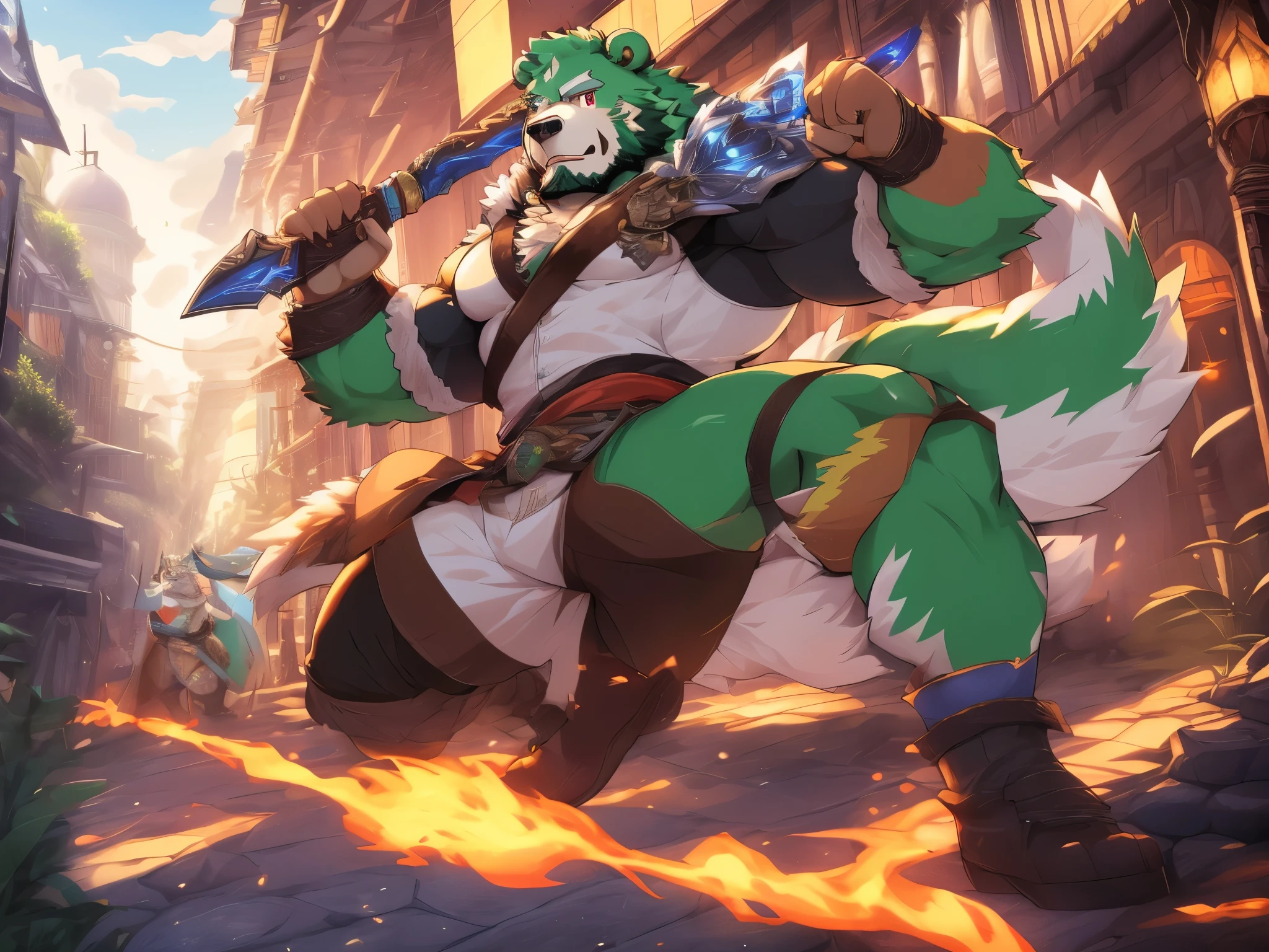 anthro ((bear)), furry, bear, green fur, green hair, ((beard)), male, white eyebrows, red eyes, masterpiece, ((Best quality)), handsome, middle-aged, mature, muscle body, sexy, dilf, full body, (((jinpei))), (((monster hunter))), (((weilding nodachi as weapon))), (((fighting rathalos from monster hunter world))), (((in the city))), with his party, 6boy, (((magic))), action poses