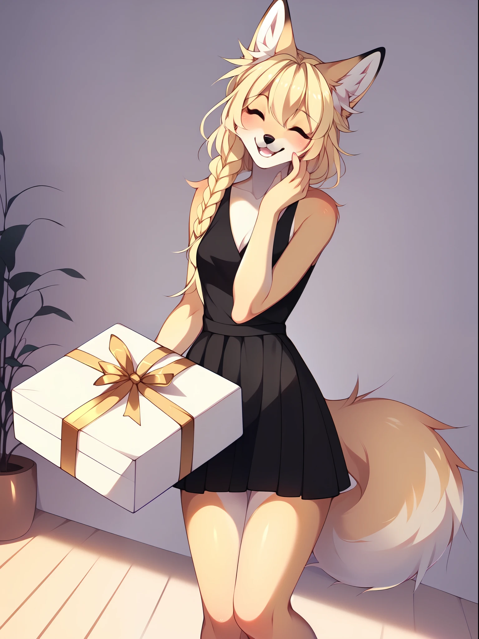 Solo, Kimiko, tan fox girl, blonde hair, wearing black dress, happy, eyes closed, mouth wide open, holding a gift box with both hands, simple background, by fumiko, standing, indoors