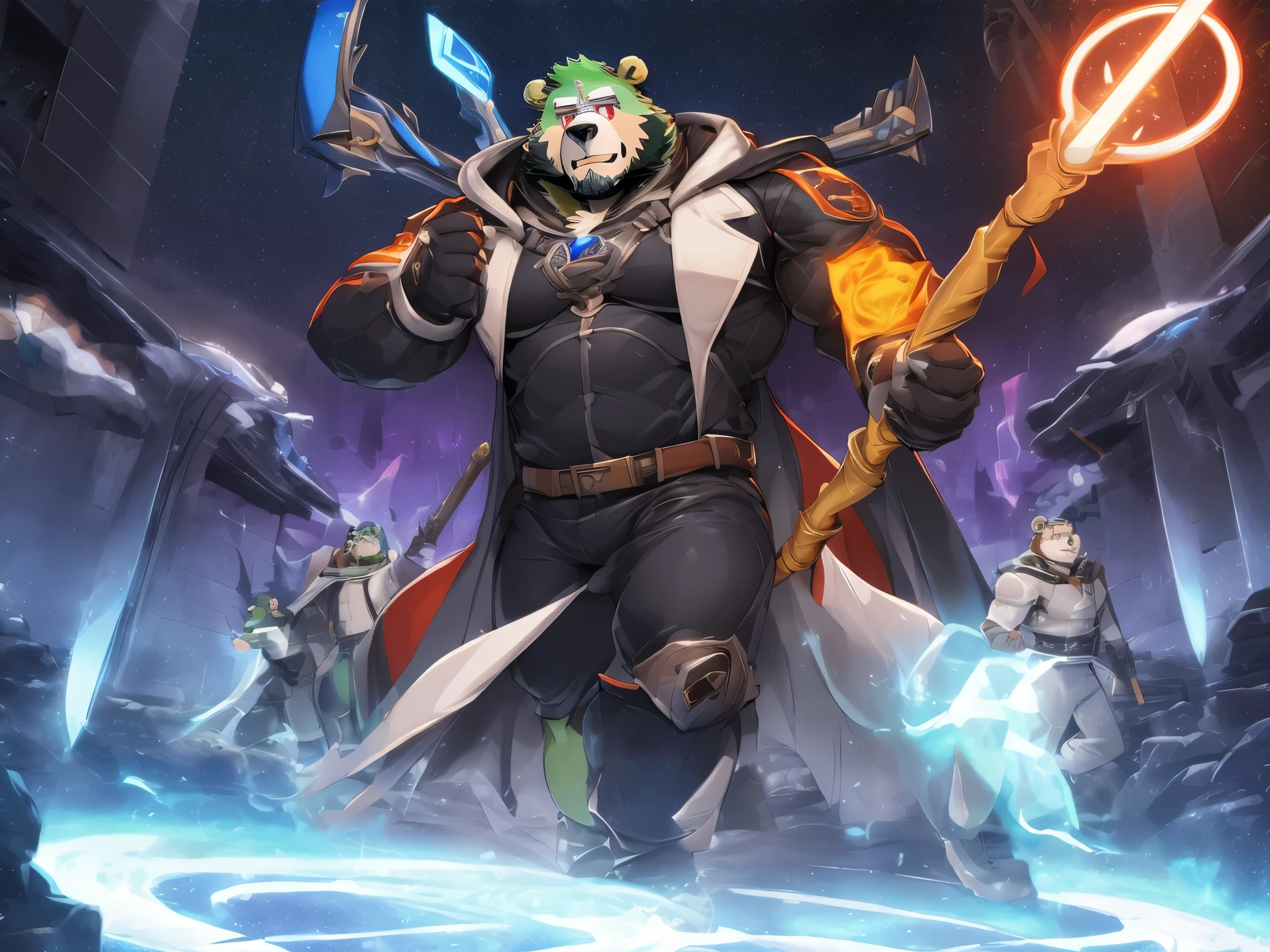 anthro ((bear)), furry, bear, green fur, green hair, ((beard)), male, white eyebrows, red eyes, masterpiece, ((Best quality)), handsome, middle-aged, mature, muscle body, sexy, dilf, full body, (((jinpei))), (long white coat), (black protective inner suit), (gray pants), (military shoes), (weilding magic staff), (scifi), battle with evil organization solidiers, secret laboratory scenery, 2boy, with his tiger partner, magician and swordman, science fiction, high technologies,