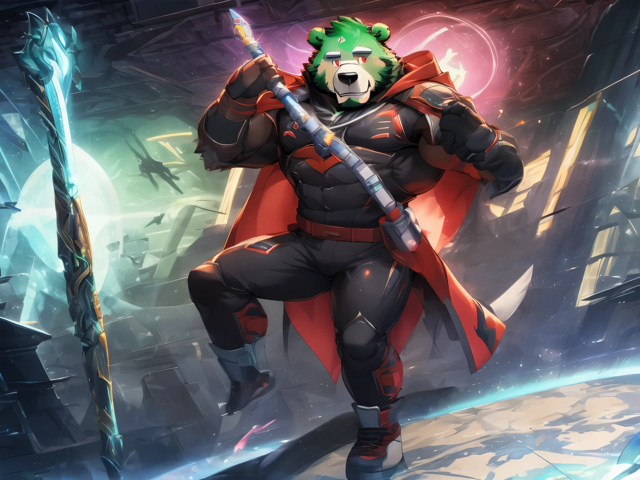 anthro ((bear)), furry, bear, green fur, green hair, ((beard)), male, white eyebrows, red eyes, masterpiece, ((Best quality)), handsome, middle-aged, mature, muscle body, sexy, dilf, full body, (((jinpei))), (long white coat), (black protective inner suit), (gray pants), (military shoes), (weilding magic staff), (scifi), battle with evil organization solidiers, secret laboratory scenery, 2boy, with his tiger partner, magician and swordman, science fiction, high technologies,