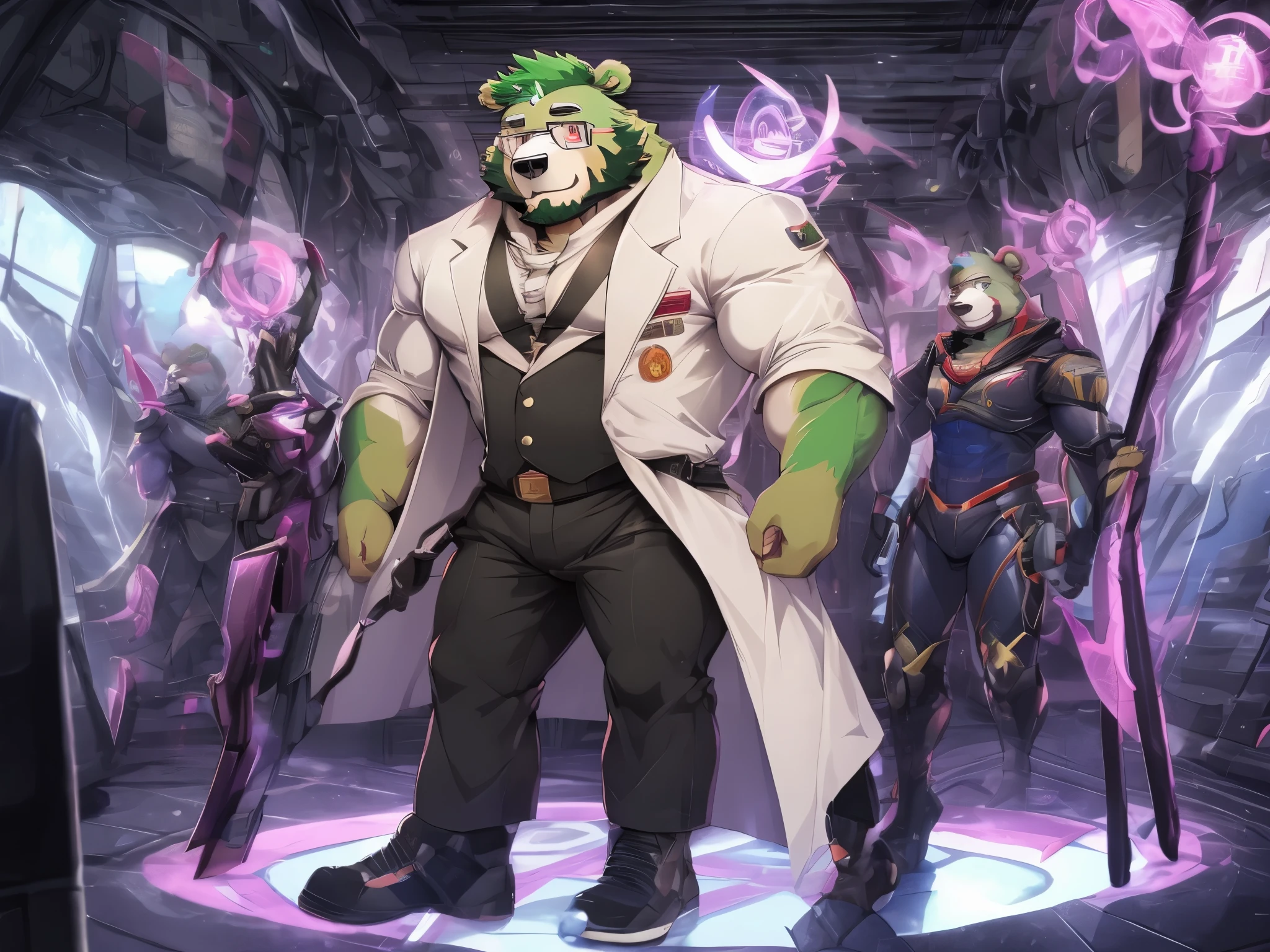 anthro ((bear)), furry, bear, green fur, green hair, ((beard)), male, white eyebrows, red eyes, masterpiece, ((Best quality)), handsome, middle-aged, mature, muscle body, sexy, dilf, full body, (((jinpei))), (long white coat), (black protective inner suit), (gray pants), (military shoes), (weilding magic staff), (scifi), battle with evil organization solidiers, secret laboratory scenery, 2boy, with his tiger partner, magician and swordman, science fiction, high technologies,