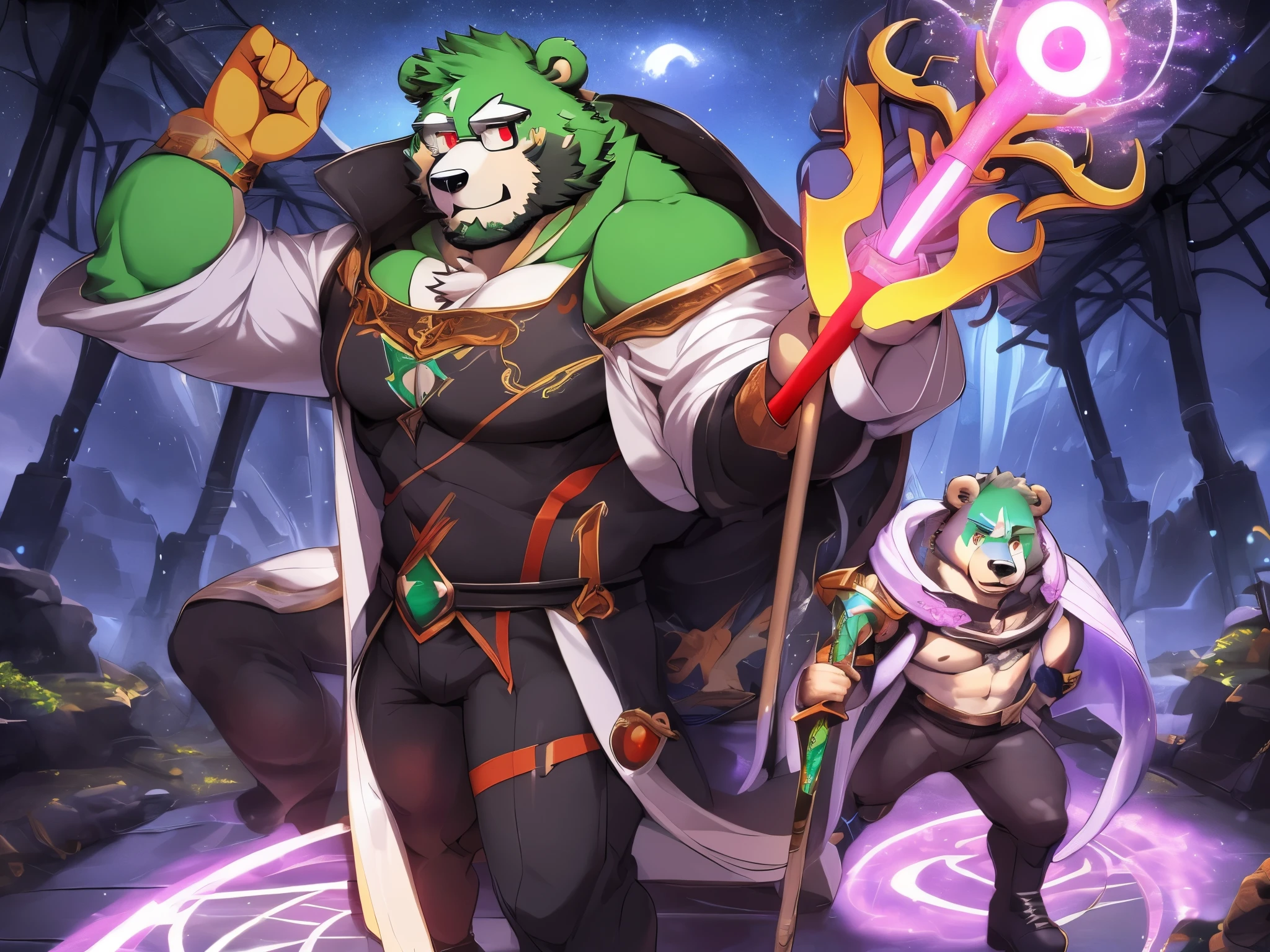 anthro ((bear)), furry, bear, green fur, green hair, ((beard)), male, white eyebrows, red eyes, masterpiece, ((Best quality)), handsome, middle-aged, mature, muscle body, sexy, dilf, full body, (((jinpei))), (long white coat), (black protective inner suit), (gray pants), (military shoes), (weilding magic staff), (scifi), battle with evil organization solidiers, secret laboratory scenery, 2boy, with his tiger partner, magician and swordman, science fiction, high technologies,