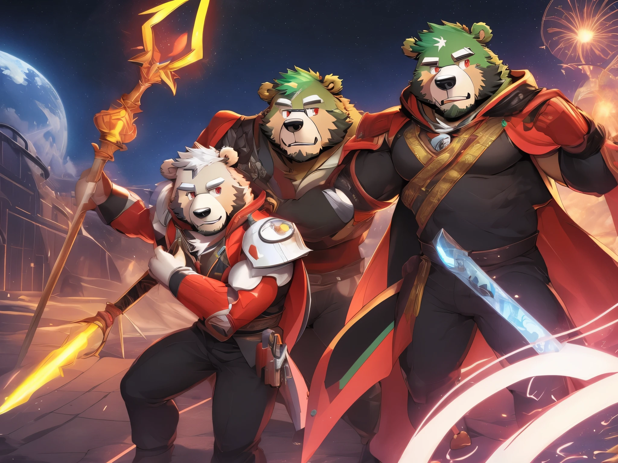 anthro ((bear)), furry, bear, green fur, green hair, ((beard)), male, white eyebrows, red eyes, masterpiece, ((Best quality)), handsome, middle-aged, mature, muscle body, sexy, dilf, full body, (((jinpei))), (long white coat), (black protective inner suit), (gray pants), (military shoes), (weilding magic staff), (scifi), battle with evil organization solidiers, secret laboratory scenery, 2boy, with his tiger partner, magician and swordman, science fiction, high technologies,