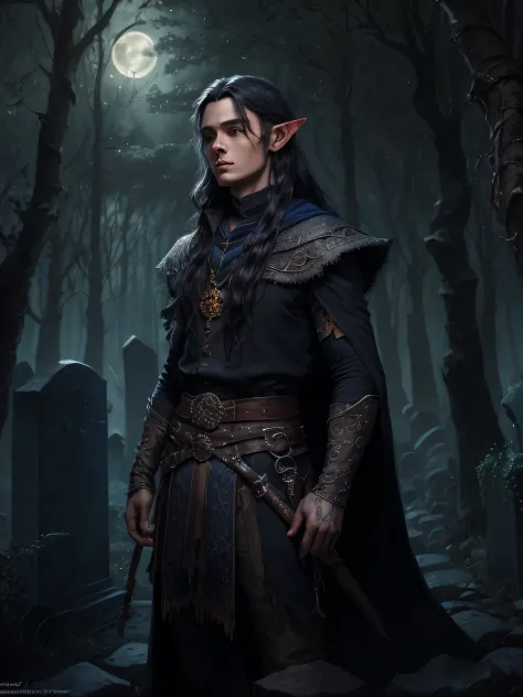(((Masterpiece, Best Quality, Ultra-detailed))), young male elf, warlock, Dark Fantasy, Artsstasion, Long black hair, blue eyes,...
