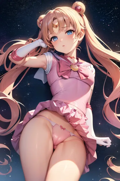 (best quality:1.4), highres, masterpiece, 4k, (a loli:1.2), ultra detailed, intricate detail, 1 girls, 1 boy, tsukino usagi, upskirt, (pink latex panties:1.4), (pink latex sailor uniform:1.4), small breasts, flat chest, out doors, night, starry sky, hand j...