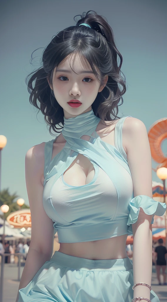 Female((20year old)), hair((black, long, wavy)), eyelack, sharp eyes)), lipgloss, clothes((crop-top, mini skirt, light blue)), amusement park, gigantic breast, big boobs, oppai, smile, accessories ((chocker, bracelet)), cleavage, night sky, ponytail,