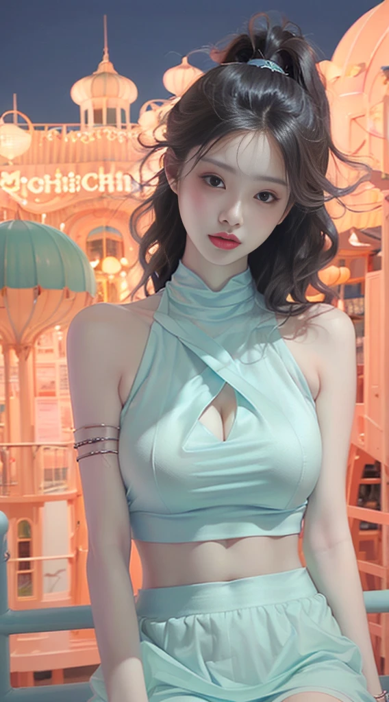 Female((20year old)), hair((black, long, wavy)), eyelack, sharp eyes)), lipgloss, clothes((crop-top, mini skirt, light blue)), amusement park, gigantic breast, big boobs, oppai, smile, accessories ((chocker, bracelet)), cleavage, night sky, ponytail,