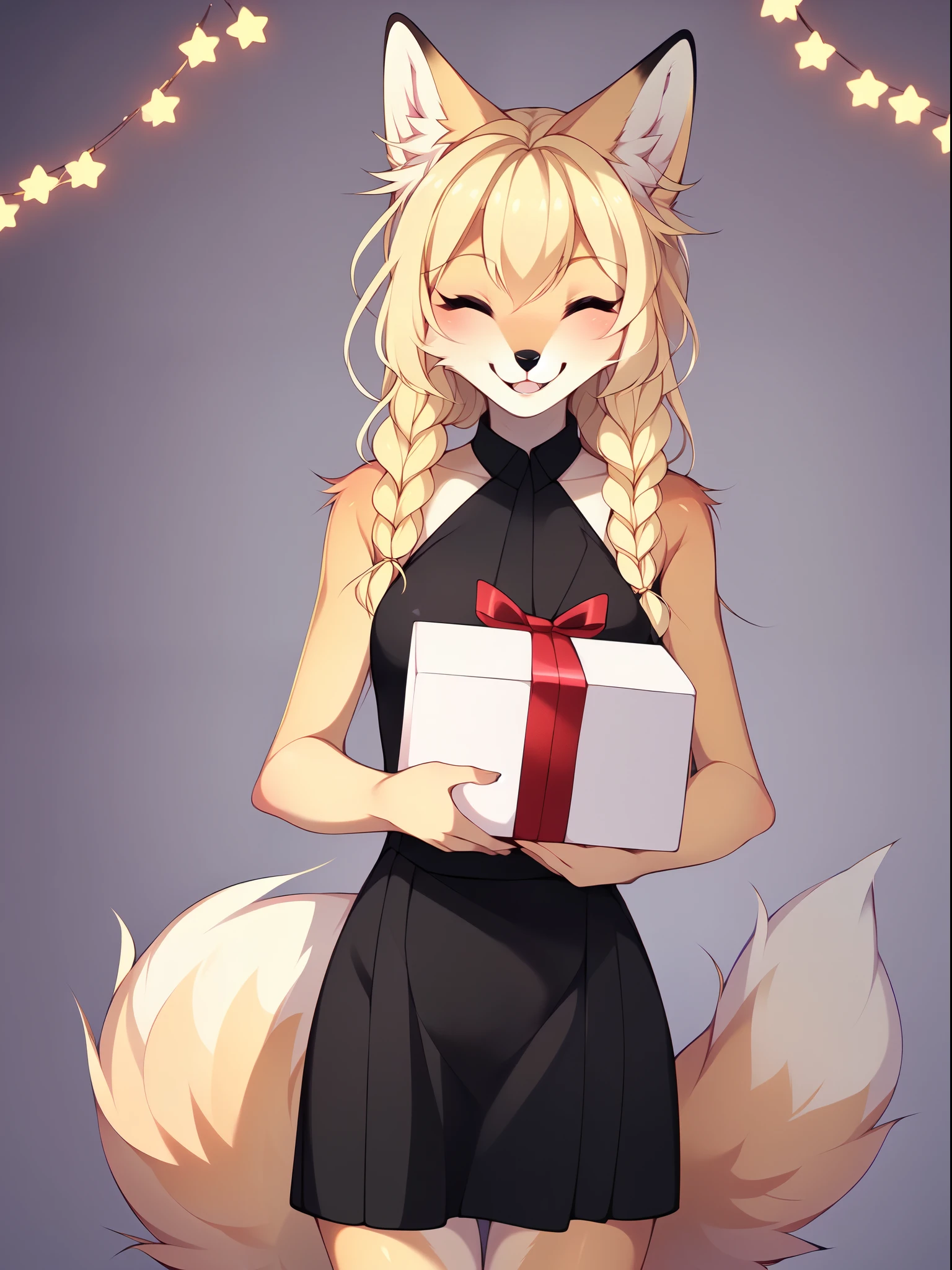 Solo, Kimiko, tan fox girl, blonde hair, wearing black dress, happy, eyes closed, mouth wide open, holding a gift box with both hands, simple background, by fumiko, standing, indoors