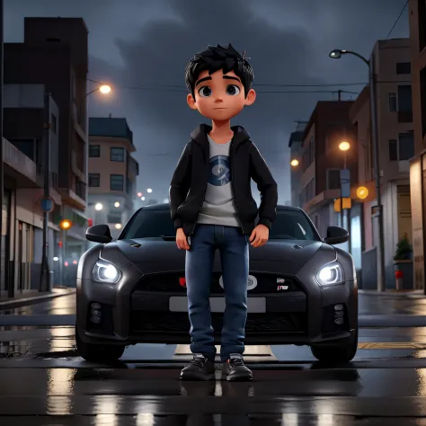 Descreva a cena de um jovem com capuz, wearing a black sweatshirt and jeans, standing on the sidewalk on a rainy night. He is looking at a shiny GTR R35 car passing on the road., Your admiration visible in your eyes. The light from the headlights reflects ...