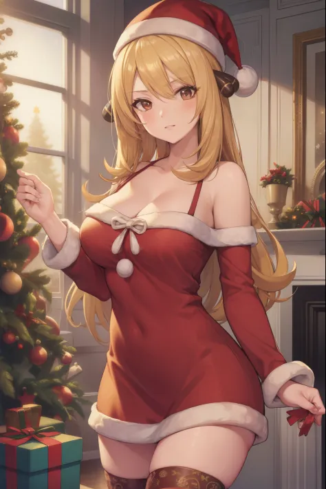 Cynthia, pokemon, blonde hair, yellow hair, long hair, mature female, (brown eyes:1.7), (large breasts:1.2), happy, blush,
BREAK cleavage, bare shoulders, (red christmas dress), chrismas outfit, off shoulder, wide sleeves, ((hair ornaments)), santa hat, th...