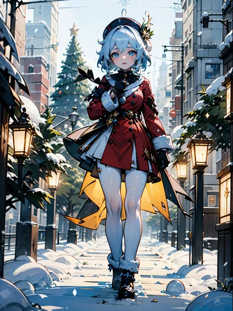 (masterpiece), (4K UHD), (Genshin Impact), Furina, Focalor, Christmas theme, Santa outfit, Christmas tree, Christmas themed, Christmas, snow, snowing, walking in the city, beautiful and highly detailed, masterpiece