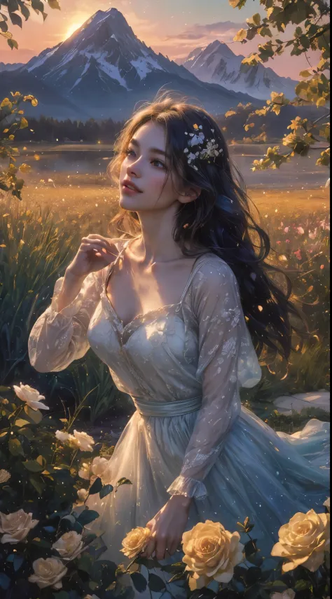 (best quality,4k,8k,highres,masterpiece:1.2),ultra-detailed,(realistic,photorealistic,photo-realistic:1.37),beautiful girl,gazing at the sunrise,sun rising in the east,enchanting warm dawn,golden-pink hues,freshness and transparency,illustration,dreamy sce...