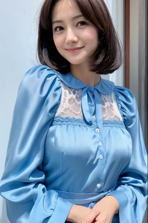 Beautiful 40 year old woman。She wears a tight camisole of light blue-gray satin fabric。Black lace at chest and hem。kindly smile。Her dark brown hair is、Her hair is straight short bob hair。hight resolution、​masterpiece、top-quality、headw:1.4、((Hasselblad phot...