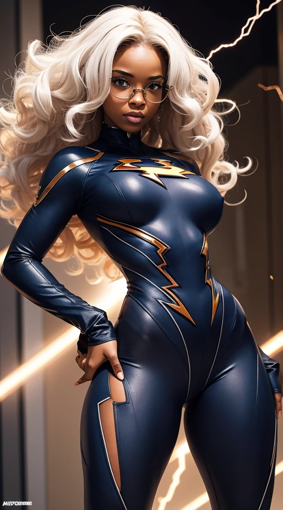 superheroína negra con el poder del rayo, pelo blanco y rizado, usa anteojos recetados, pechos perfectos, trasero perfecto, piernas bien formadas y viste ropa sexy ajustada.