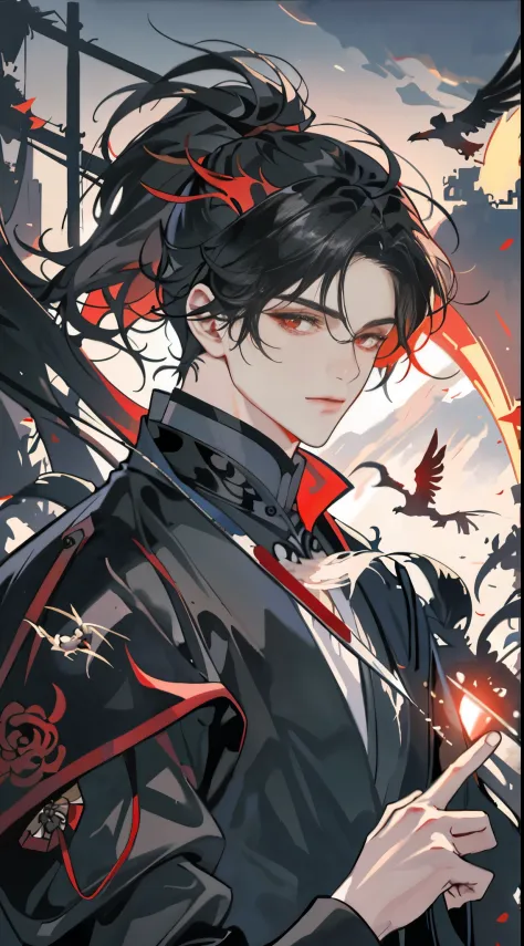 He was wearing a black and red robe，There&#39;s Tai Chi on it，messy  hair，Broken hair，Long gray hair，Ranger，Very beautiful cyberpunk digital artwork，malefocus，Handsome，heroic look，With a knife in his hand，Chivalrous style，High quality detail depiction，the ...
