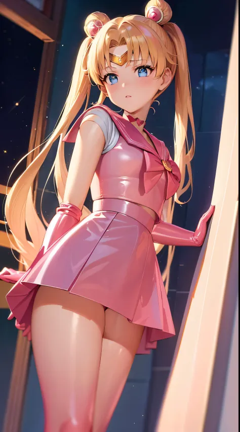 (best quality:1.4), highres, masterpiece, 4k, ultra detailed, intricate detail, tsukino usagi, blonde hair, blue eyes, (pink latex sailor uniform:1.4), (pink latex skirt:1.4), small breasts, flat chest, out doors, night, starry sky,