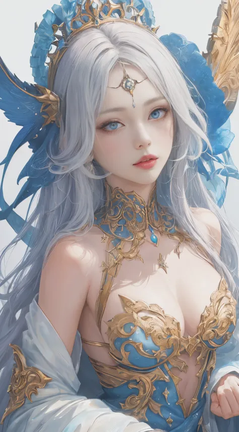 Best AI Image Generation Creator、1 beautiful girl、large round eyes、Solo、full body Esbian、Realistic,Lips,masutepiece,Best Quality,Good anatomy，Skin Texture、Background Planet、Smaller chest、white  hair、robe blanche、Fantasy Art Style, palatial palace 、 Azure. ...