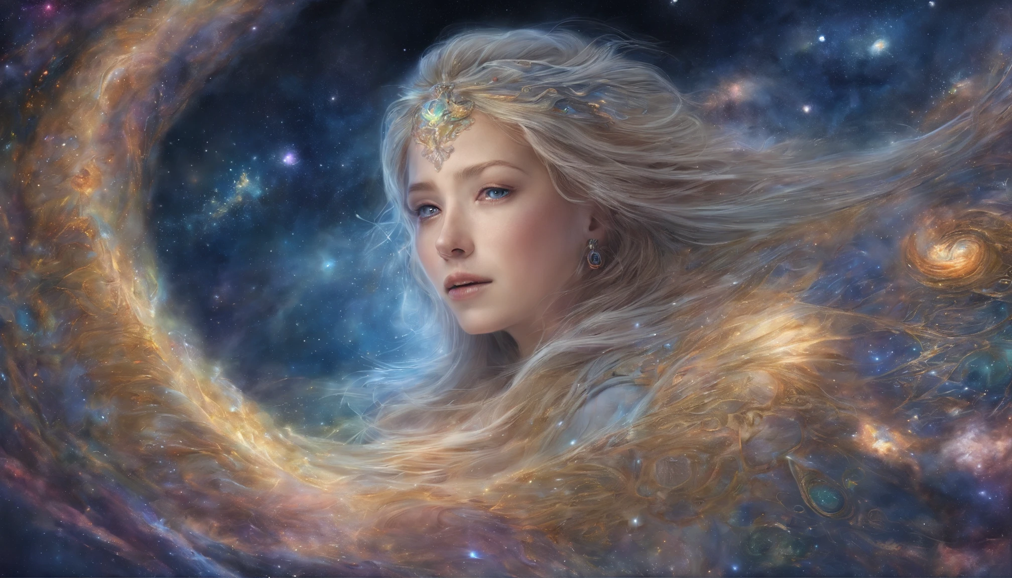 Serene and graceful, the dimensional form of Emma flows in meditative repose. With eyes softly closed, she appears deep in tranquil thought as stars and galaxies spiral slowly within her transcendent being.
Her hair and gown transform into currents of stellar mists, colorful celestial clouds aglow with the light of newborn suns and planets. Pulsing nebulae, shiny comet trails, and the dark beauty of interstellar dust swirl around the contours of Emma's peaceful features.
Arms widespread as if embracing all creation, she becomes one with the heavenly portraits projected across her cosmic flesh. Entire universes bloom inside her, essence merging with the very fabric of space and time.
Ethereal strands of cosmic DNA - glowing filaments, lunar latticework, tesseracts unfolding - comprise the intricate patterns adorning her raiment. In the expanse behind Emma, the glittering architectures of a billion realities kaleidoscope into eternal mandalas of genesis.
At Emma's core, a radiant galaxy spiral slow turns, each star a reflection of her soul's awakening. Around this mystical center, she floats through imagination's expanse - a vision of wisdom borne from stardust, birthing life's poetry amongst the heavens.