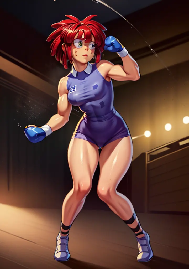 a strong and confident girl, ragatha, is wearing boxing gloves and flexing her biceps in an artistic composition. the medium use...