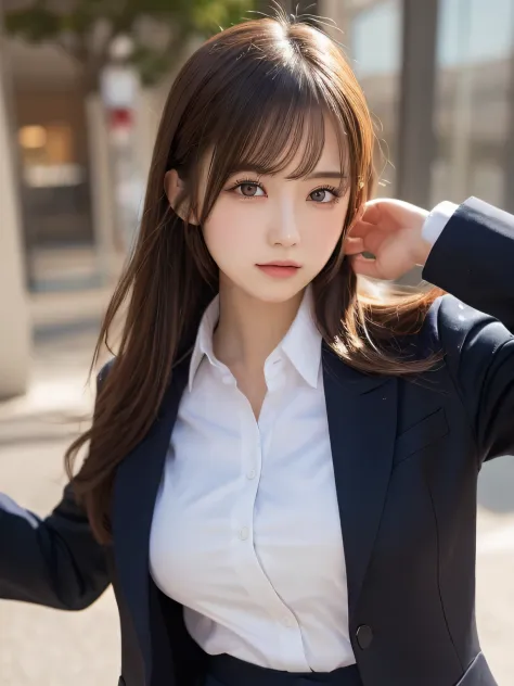 masutepiece, Best Quality, Illustration, Ultra-detailed, finely detail, hight resolution, 8K Wallpaper, Perfect dynamic composition, Beautiful detailed eyes,  Natural Lip,Blazer ,School uniform, Big breasts, Full body