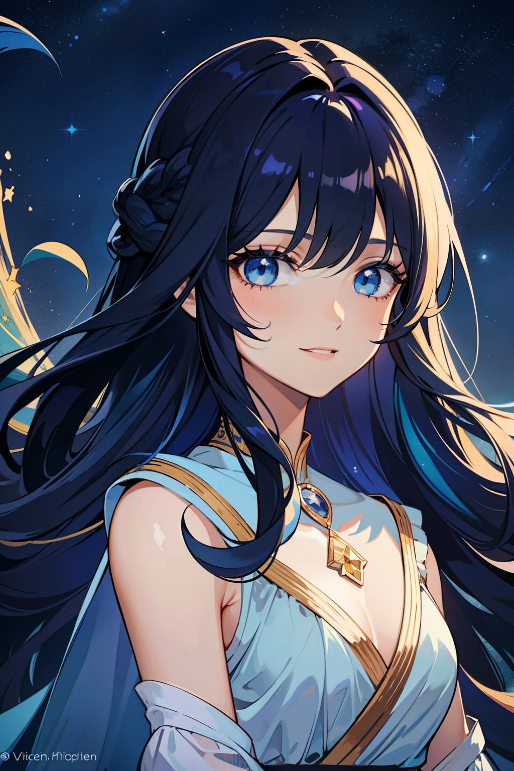 (high-quality, breathtaking),(expressive eyes, perfect face) portrait, 1girl, female, solo, adult woman, mum, age late 20's, black hair with stars in hair, multicolored hair, bright blue and yellow streaks in hair, white streaks in hair, when you look at her hair its as if you're staring into the night sky, light blue eyes, long hair length, soft wavy flowy hair, gentle smile, loose hair, side bangs, looking at viewer, portrait, happy expression, starry night by Vincent van Gogh in hair, white skin, soft red lips, elegant, regal, hair flowing in wind