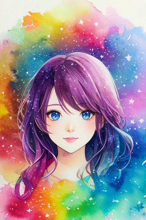 Glanz, weiche Konturen, detaillierter Hintergrund, Helle Farben,
Mädchen, Aquarell, Kyoani-Stil, magical Mädchen, Sterne, Funken, Regenbogenstrahl,  Halbkörperporträt, Pastellfarben, ink, Aquarell background