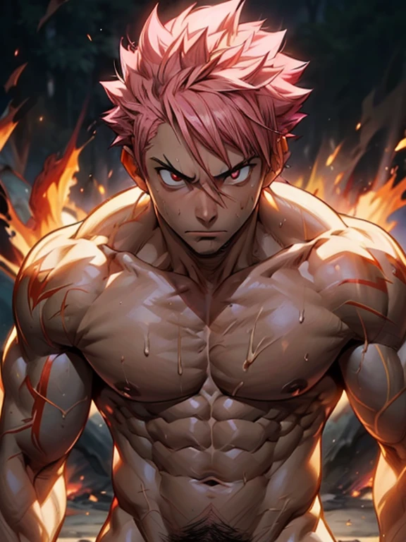 ((upper body)) masterpiece, best quality red eyes, game cg, 1boy adult man, (naked:1.2) rugged adult face, solo, male focus, looking at viewer, upper body, Natsu Dragneel natsu_dragneel, pink hair, red eyes, (shirtless naked), toned muscle, pectorals, 8 abs, toned legs, naked, slightly bulged, (large fire:1.5) and ember (particle effects:1.2), detailed, dynamic lighting, well lit, (fire on skin:1.2), (skin burning:1.2), (eyes on fire:1.2) (pink pubic hair:1.5), (penis:1.2) ((view from a distance))