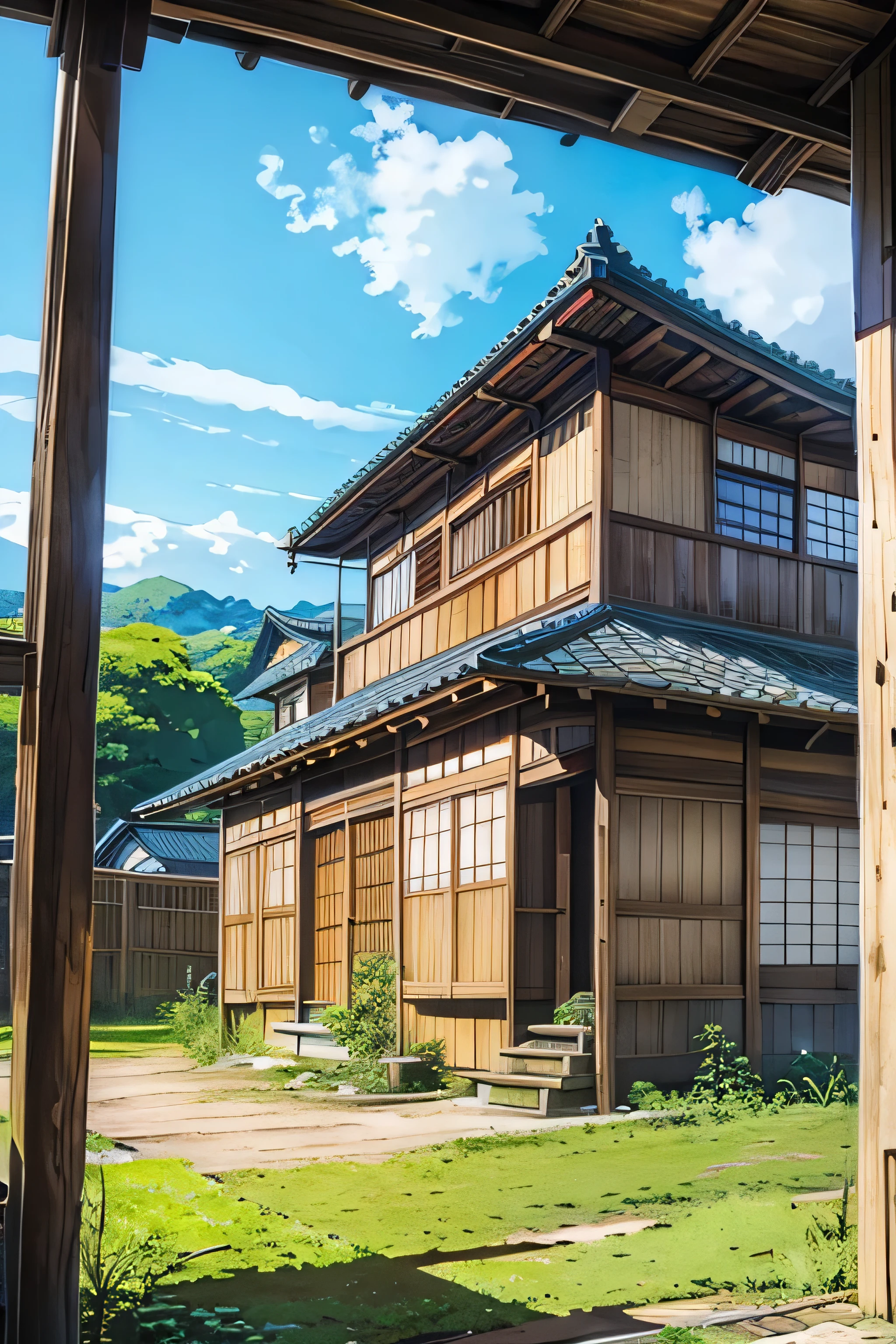 низкие углы、широкоугольный объектив、Старый японский дом、traditional wooden house in the странаside、страна、Широкое голубое небо、Аниме фон