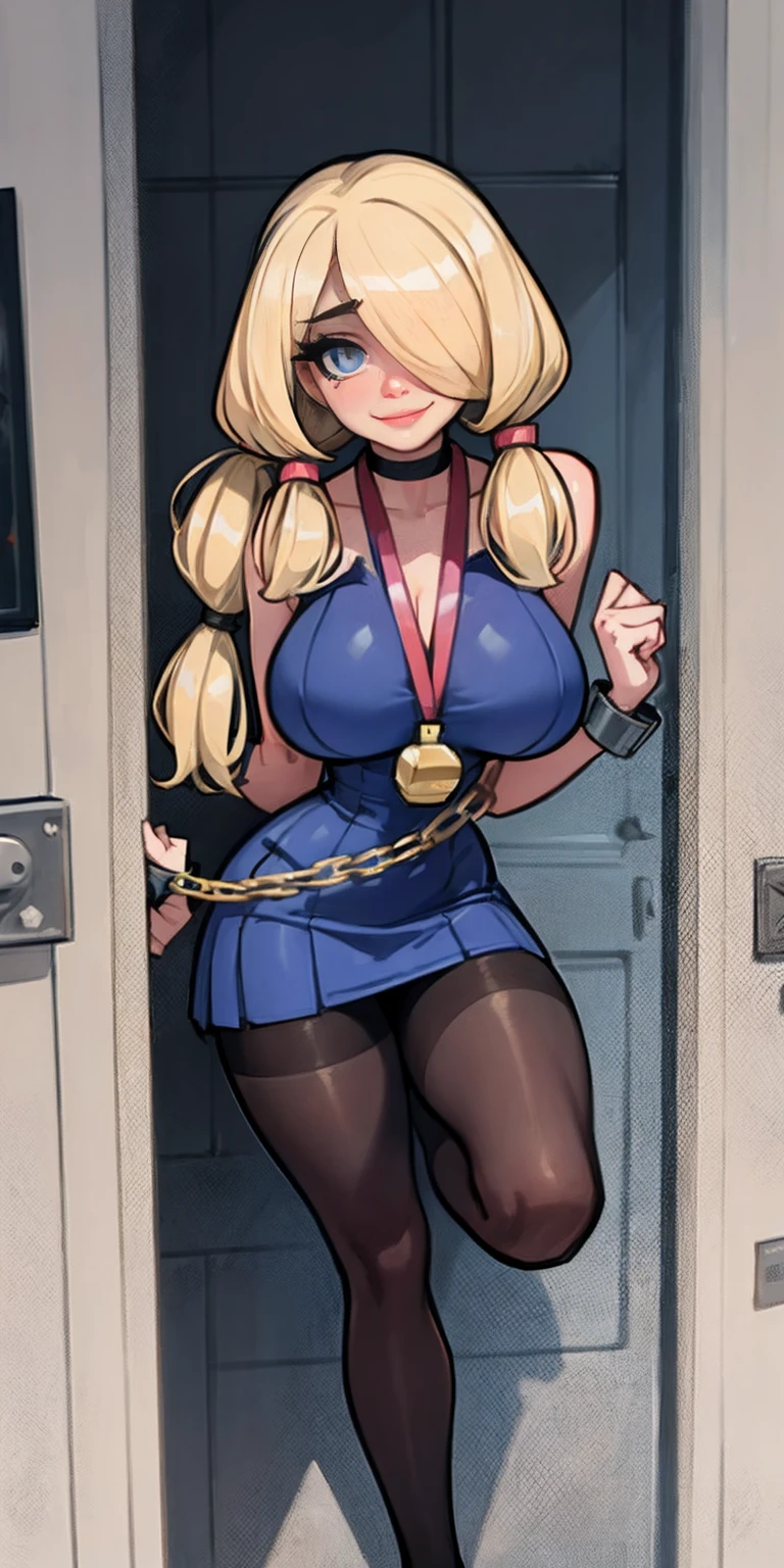 blonde, darkskin, gyaru, sly smile, huge breasts, school clothes, , bangs over eyes, masterpiece,best quality,1girl,mmplatz,twintails,twin drills,dress,blue pantyhose,striped pantyhose, Female, standing, straight, looking at viewer, handcuffs on their hands, with a collar around the neck, slave, ((black choker, shackles on legs and arms))