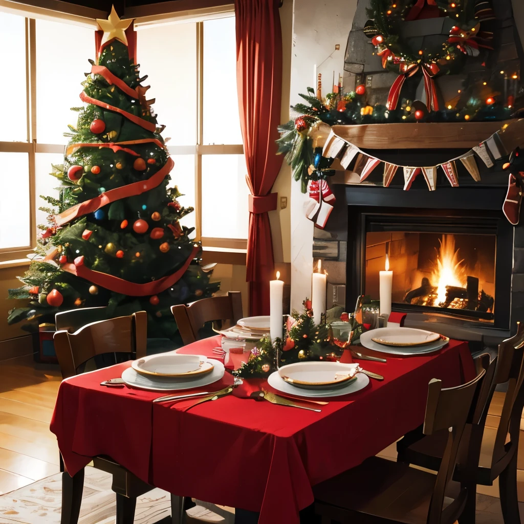 Merry christmas, christmas tree,bright colours,christmas table,fireplace with fire,no people