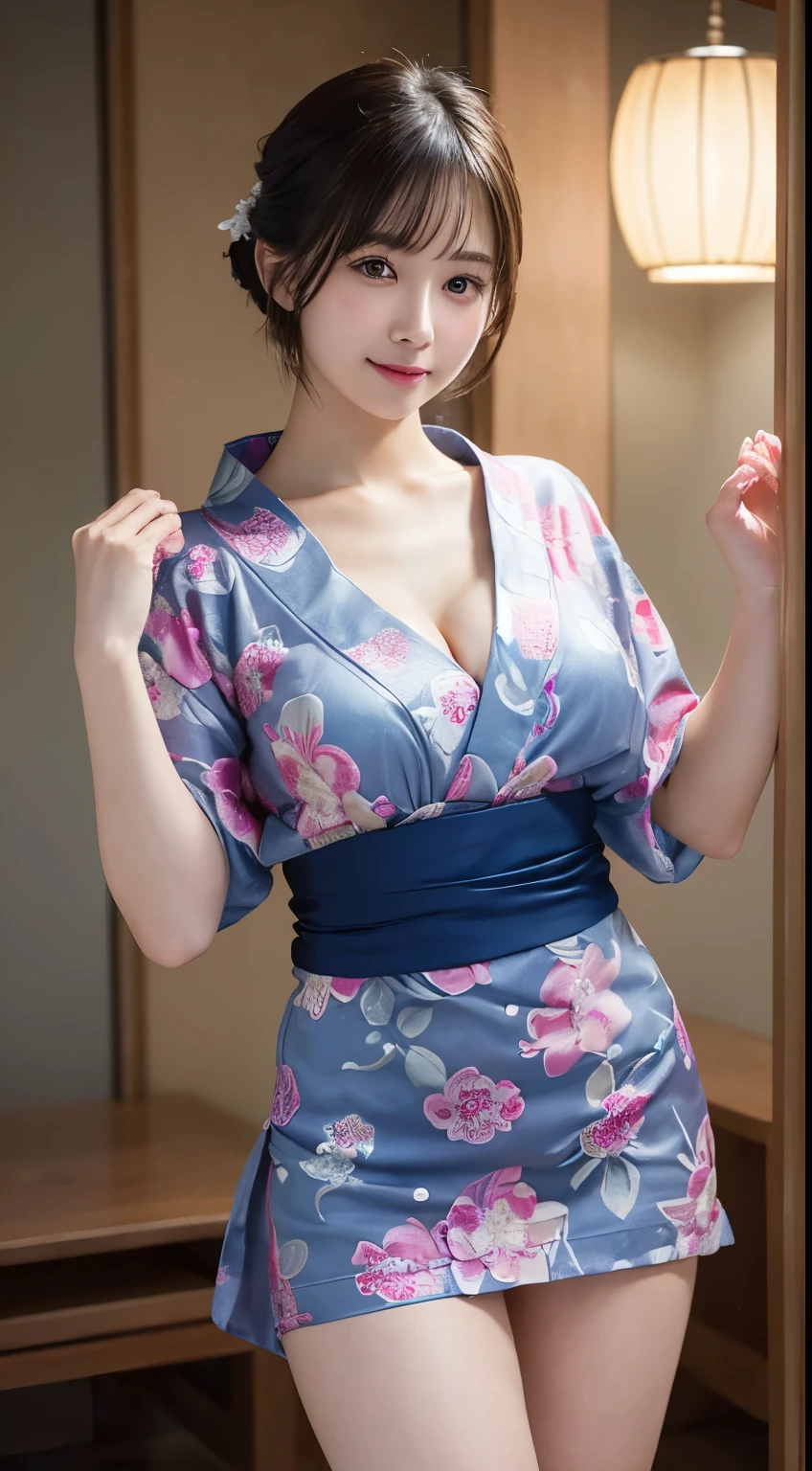 Innocent 20 year old girl、((Wear a yukata with an open chest,thigh visible,Dramatic poses)),Smile,short-cut,Bed background,Raw photo, (8K、top-quality、​masterpiece:1.2)、(intricate detailes:1.4)、(Photorealsitic:1.4)、octane renderings、Complex 3D rendering ultra detail, Studio Soft Light, Rim Lights, vibrant detail, super detailing, realistic skin textures, Detail Face, Beautiful detail eyes, Very detailed CG Unity 16k wallpaper, make - up, (detailedbackground:1.2), shinny skin, Full body、From head to thigh、cleavage of the breast,((standing on knees,raise your hands and arms))