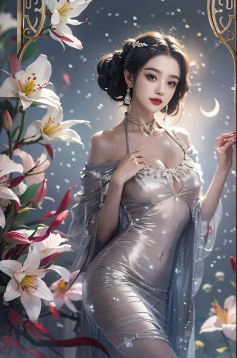 Glitter bead dress11, ((cowboy shot)), Redlip, A mature woman, cosmetics, フォトリアリスティック、real photograph、((realistically:1.5))、There are white phalaenopsis around the hair，Lilac dendrobium、white lilies、1 rapariga、Brown hair、floated hair、A plump chest, slim to...