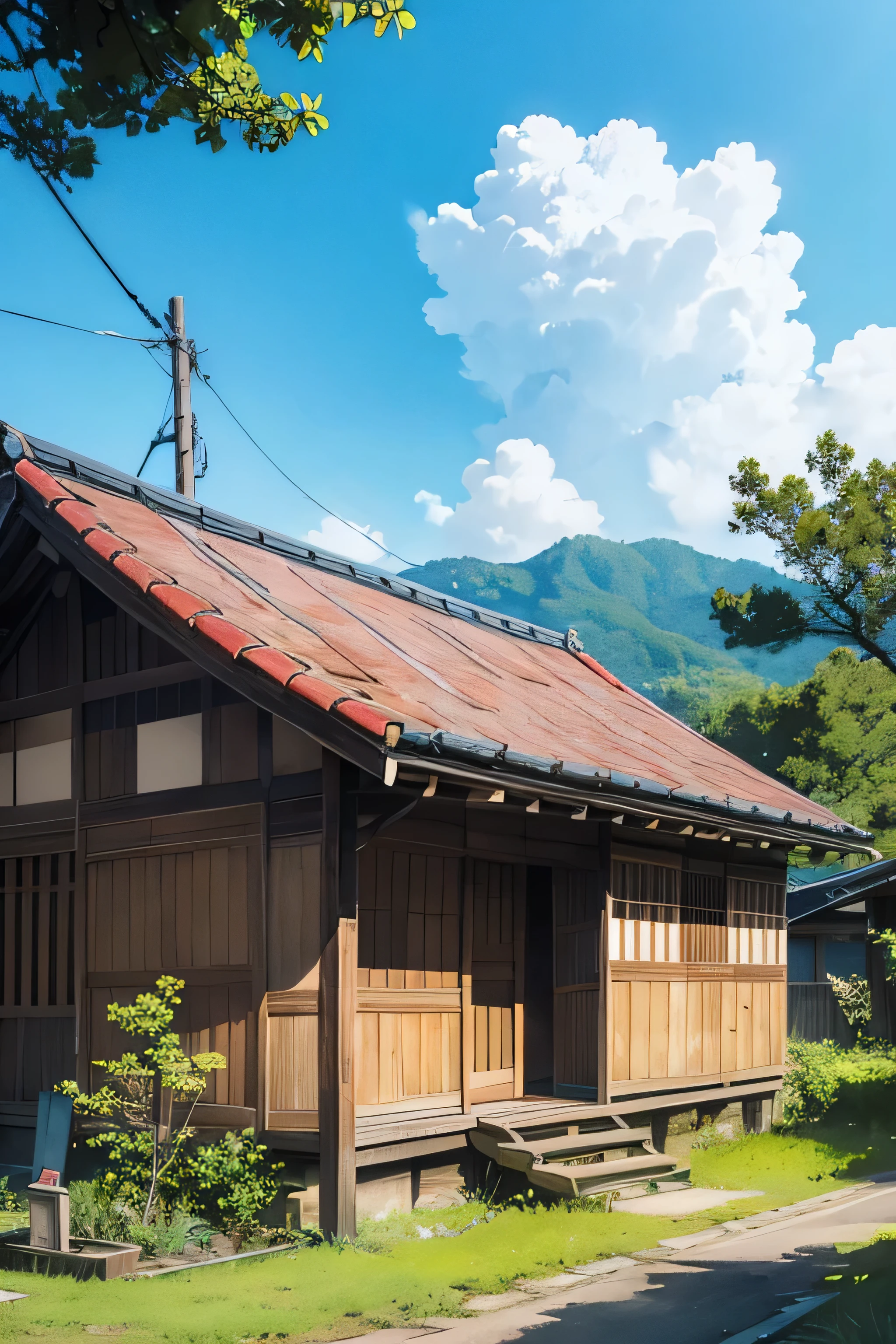 低い角度、広角レンズ、古い日本の家、古い木造住宅、国、広い青空、アニメの背景