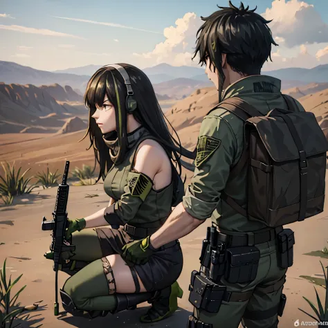 a man and a woman crouched holding an m4a1 on a war field