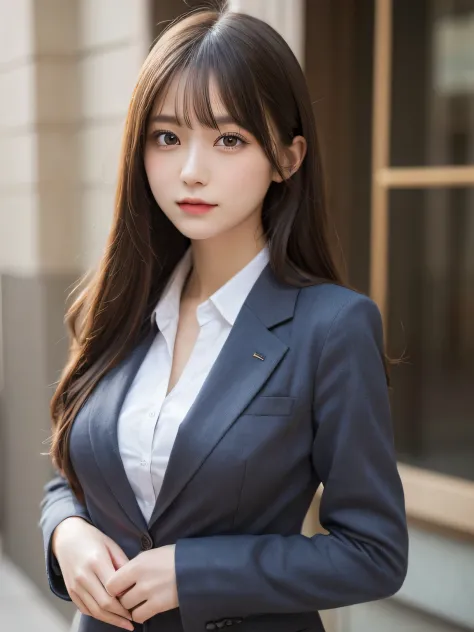masutepiece, Best Quality, Illustration, Ultra-detailed, finely detail, hight resolution, 8K Wallpaper, Perfect dynamic composition, Beautiful detailed eyes, Natural Lip,Blazer ,School uniform, Big breasts, Full body,You can see the chest