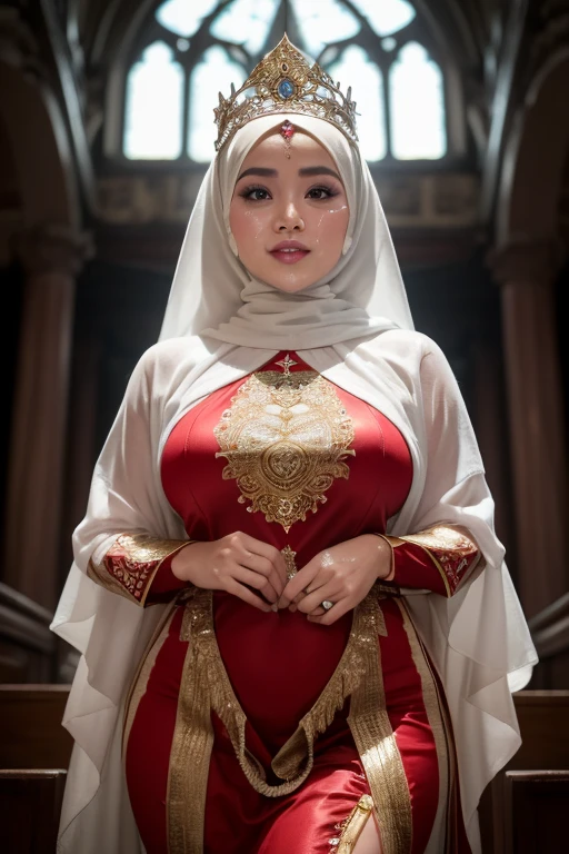 Compose a striking and cinematic photograph featuring a chubby woman Indonesian hijab, 23 years old, sexy tall body, thick thigh, wide butt, detailed eyes, eyes were clearly visible, voluptuous smile, perfect make-up, flushed face, red lips, glossy lips, perfect nose, (wearing Ancient Indonesian national costumes:1.4), use a diamond crown, Use dramatic and moody lighting techniques to create a compelling atmosphere that highlights the intensity and power dynamics within the group. Capture the essence of their unity and authority" sexy standing pose, curvy, inside the church, NSFW, SFW, (wet face and hijab with lot of semen), ultra detail, (show dark pubic hair:1.5), view from bellow