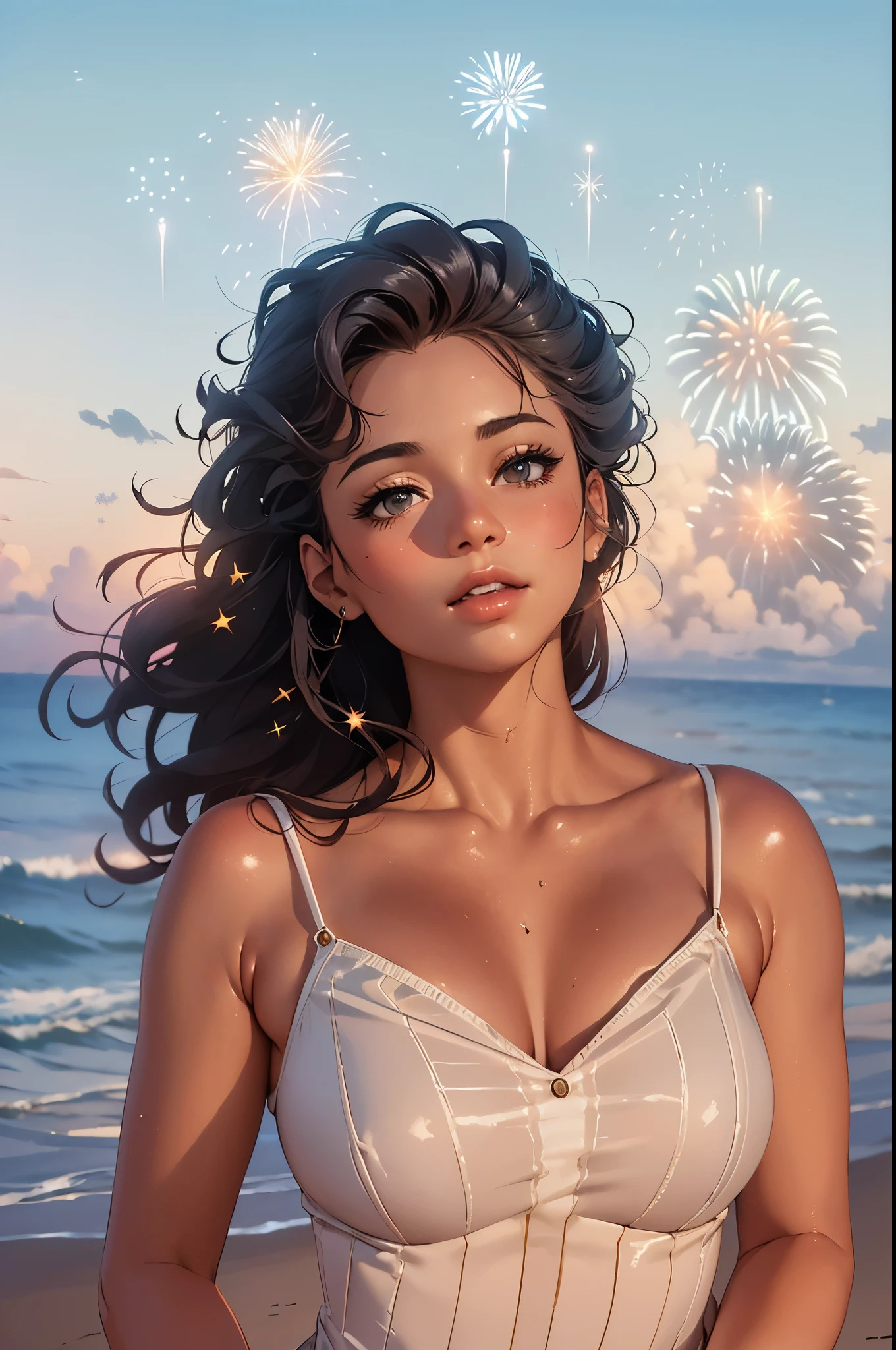 arafed woman with curly hair standing on a beach near the ocean,(Fireworks in the vast night sky:1.5),(top-quality,8K,32K,​masterpiece,nffsw:1.3),(Photorealsitic:1.4),Raw photography,Wide Angle,hair adornments,Elegant Pose,skyrocket,Fireworks glare,depth of fields,lensflare,